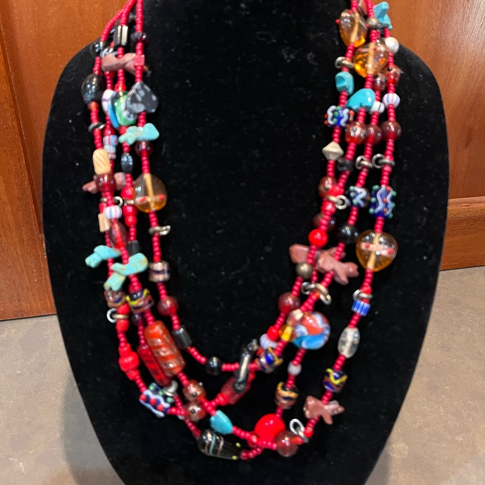 Multi Strand Navajo-Style Fetish Necklace Red SeedBeads, ArtGlass, Stone Animals